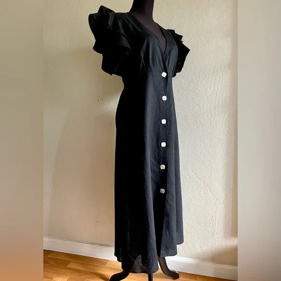 Linen cocktail Black Dress with Ruffle Sleeves - Picture 10 of 17